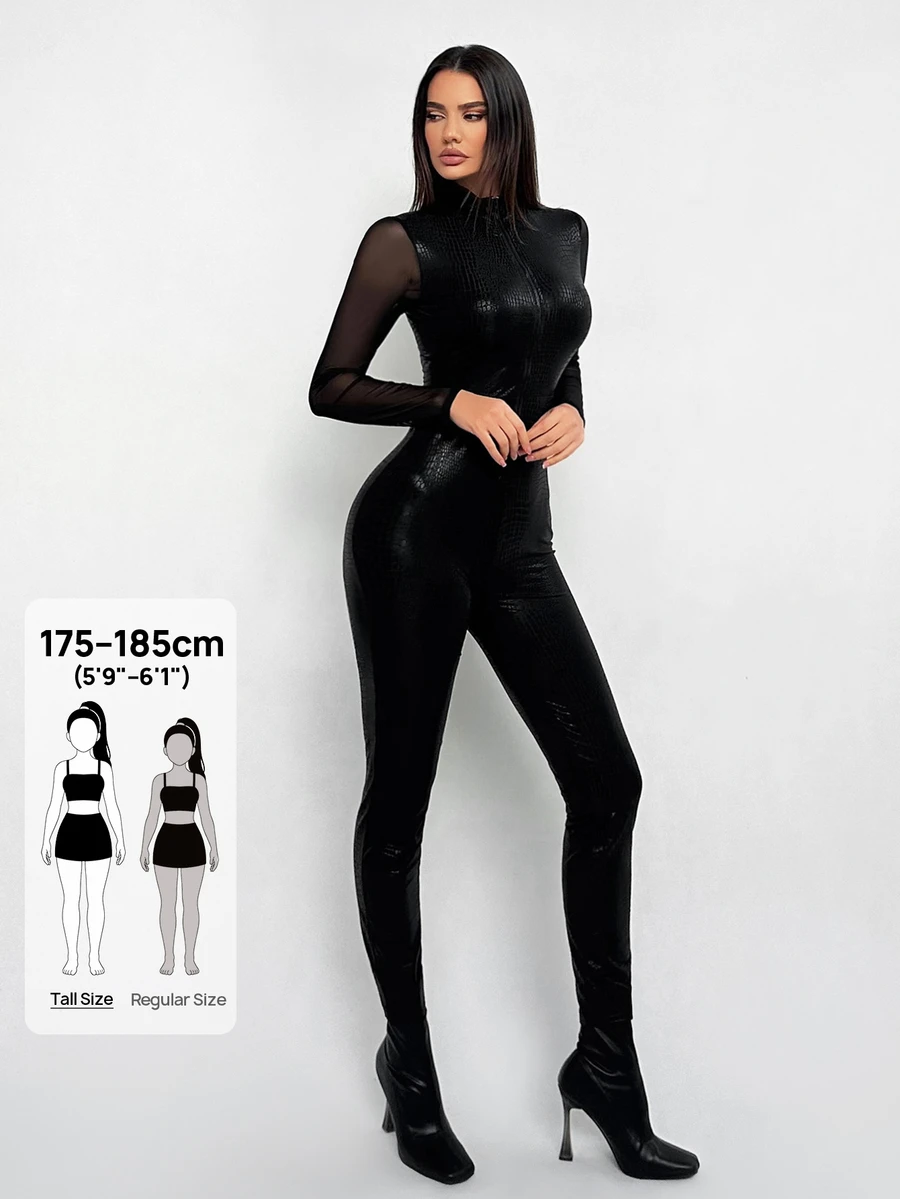 SHEIN Tall 拉鍊式網格拼接緊身連身褲,黑色,適合高個女性 - 黑色 - 查看 1