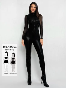 SHEIN Tall 拉鍊式網格拼接緊身連身褲，黑色，適合高個女性 - 黑色 - 查看 7