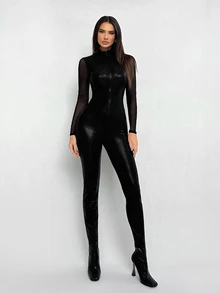 SHEIN Tall 拉鍊式網格拼接緊身連身褲，黑色，適合高個女性 - 黑色 - 查看 8
