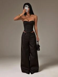 Vivamere Damen einfarbiges plissiertes Bandeau-Top und lange Hose mit Taschen, lässiges 2-teiliges Set für den Alltag - Braun - Übersicht 12