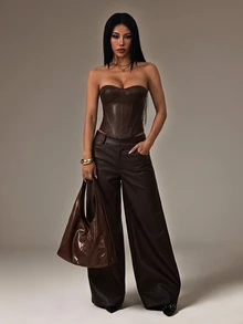 Vivamere Damen einfarbiges plissiertes Bandeau-Top und lange Hose mit Taschen, lässiges 2-teiliges Set für den Alltag - Braun - Übersicht 10