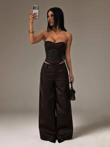 Vivamere Damen einfarbiges plissiertes Bandeau-Top und lange Hose mit Taschen, lässiges 2-teiliges Set für den Alltag - Braun - Übersicht 6