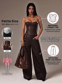 Vivamere Damen einfarbiges plissiertes Bandeau-Top und lange Hose mit Taschen, lässiges 2-teiliges Set für den Alltag - Braun - Übersicht 4