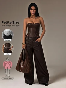 Vivamere Damen einfarbiges plissiertes Bandeau-Top und lange Hose mit Taschen, lässiges 2-teiliges Set für den Alltag - Braun - Übersicht 2