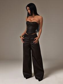 Vivamere Damen einfarbiges plissiertes Bandeau-Top und lange Hose mit Taschen, lässiges 2-teiliges Set für den Alltag - Braun - Übersicht 5