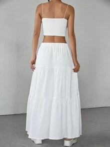 SHEIN PETITE Solid Ruffle Hem Schiffy Skirt ,Petite Women - White - View 3