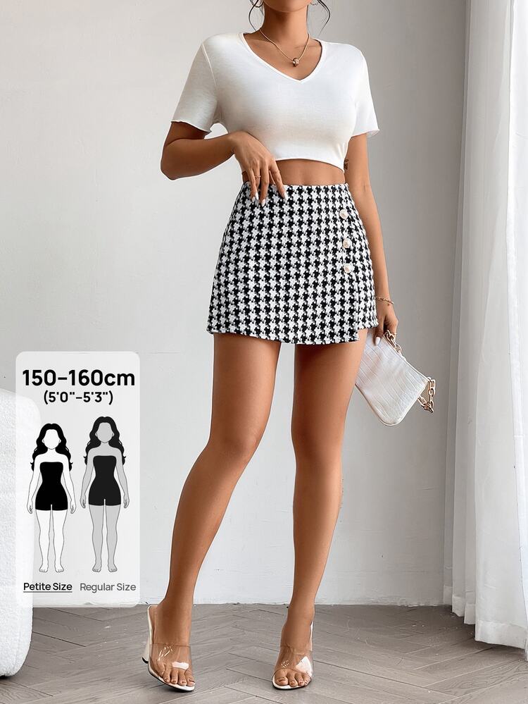 SHEIN PETITE Houndstooth Print Button Detail Tweed Short Skort ,Petite Women - Black and White - View 6