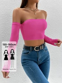 SHEIN PETITE Solid Off The Shoulder Crop Off Shoulder Top - Hot Pink - View 6