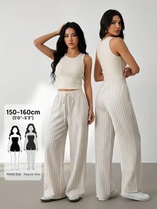 SHEIN PETITE 女款休閒寬鬆條紋寬腿褲 寬大版型，適合嬌小女性 - 米色 - 查看 2