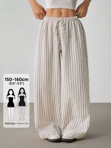 SHEIN PETITE 女款休閒寬鬆條紋寬腿褲 寬大版型，適合嬌小女性 - 米色 - 查看 11