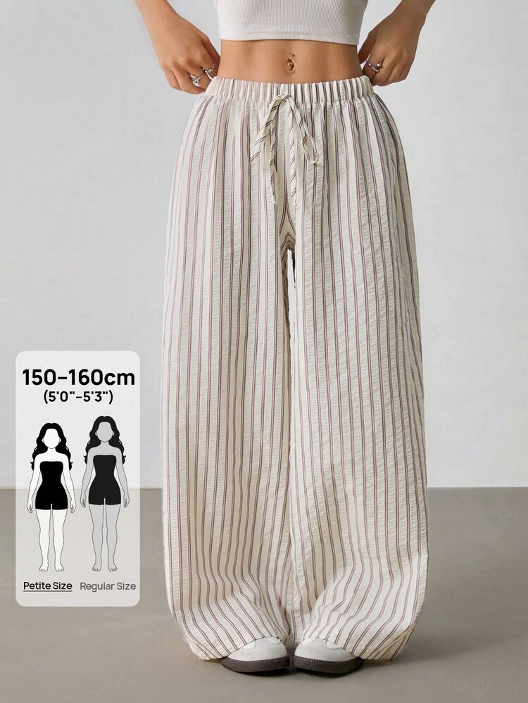 SHEIN PETITE 女款休閒寬鬆條紋寬腿褲 寬大版型，適合嬌小女性 - 米色 - 查看 11