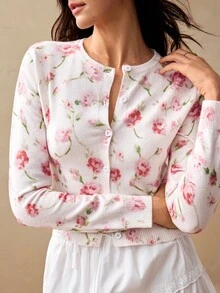Willow Rêve 女款優雅花卉印花針織開襟衫，白色上衣，優雅女款短版上衣，度假上衣，上班上衣，長袖上衣，外出上衣，開襟衫 - 米色 - 查看 6