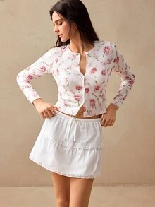Willow Rêve 女款優雅花卉印花針織開襟衫，白色上衣，優雅女款短版上衣，度假上衣，上班上衣，長袖上衣，外出上衣，開襟衫 - 米色 - 查看 5