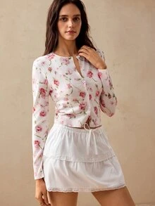 Willow Rêve 女款優雅花卉印花針織開襟衫，白色上衣，優雅女款短版上衣，度假上衣，上班上衣，長袖上衣，外出上衣，開襟衫 - 米色 - 查看 8