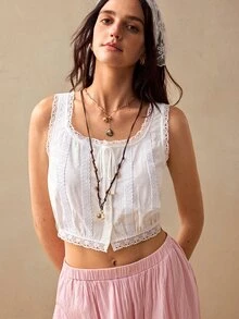 Willow Rêve Women's White Lace Patchwork Ruffle Collar Casual Tropical Tank Top Blouse, Boho Style, Romantic Vacation Summer - White - View 1