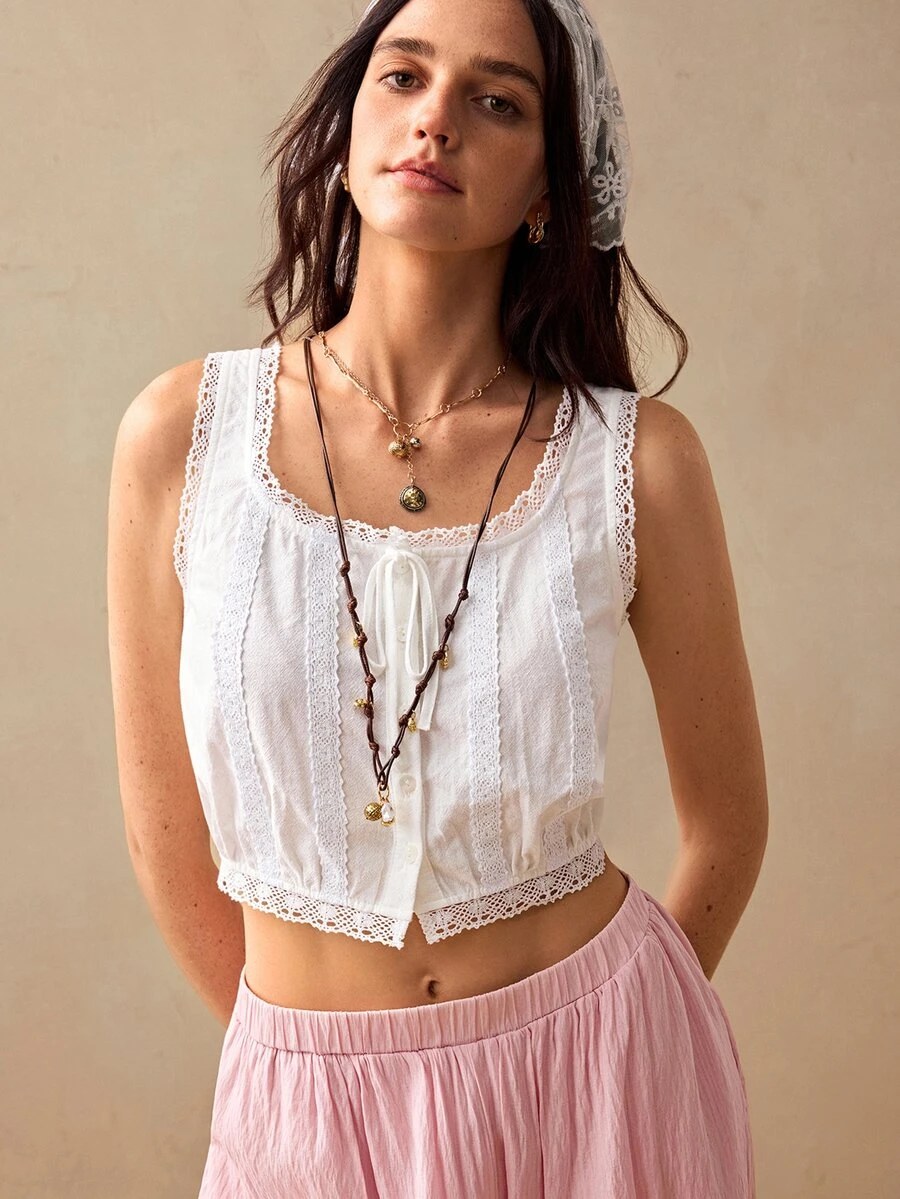 Willow Rêve Women's White Lace Patchwork Ruffle Collar Casual Tropical Tank Top Blouse, Boho Style, Romantic Vacation Summer - White - View 1