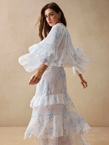 Willow Rêve Women's Blue Floral Pattern Ruffle Blouse And Long Skirt Two Pieces Set, Boho Style, Romantic Vacation Style, Valentine's Day - Blue and White - View 1