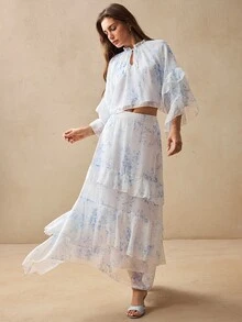 Willow Rêve Women's Blue Floral Pattern Ruffle Blouse And Long Skirt Two Pieces Set, Boho Style, Romantic Vacation Style, Valentine's Day - Blue and White - View 8