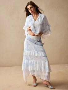 Willow Rêve Women's Blue Floral Pattern Ruffle Blouse And Long Skirt Two Pieces Set, Boho Style, Romantic Vacation Style, Valentine's Day - Blue and White - View 6