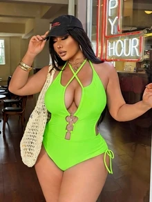 SHEIN Swim 大码女士纯色镂空露背系带腰部金属装饰侧抽绳性感连体泳衣，适合海滩度假 - 綠色 - 查看 1
