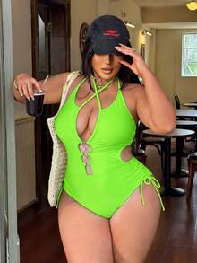 SHEIN Swim 大码女士纯色镂空露背系带腰部金属装饰侧抽绳性感连体泳衣，适合海滩度假 - 綠色 - 查看 3