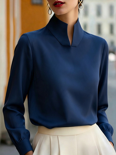SHEIN LUNE Camicetta azzurra tinta unita in tessuto liscio con colletto piccolo, abbottonatura frontale, maniche lunghe con polsini, drappeggiata, stile minimalista elegante business casual da ufficio