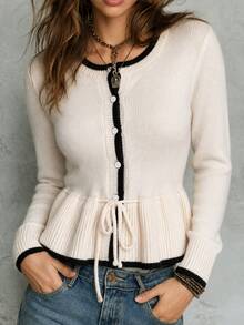 Elenzga Women's Waist-Cinching Tie-Front Contrast Trim Cardigan - Dusty Pink - View 3