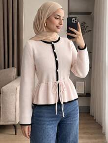 Elenzga Women's Waist-Cinching Tie-Front Contrast Trim Cardigan - Dusty Pink - View 7
