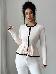 Elenzga Women's Waist-Cinching Tie-Front Contrast Trim Cardigan - Dusty Pink - View 1