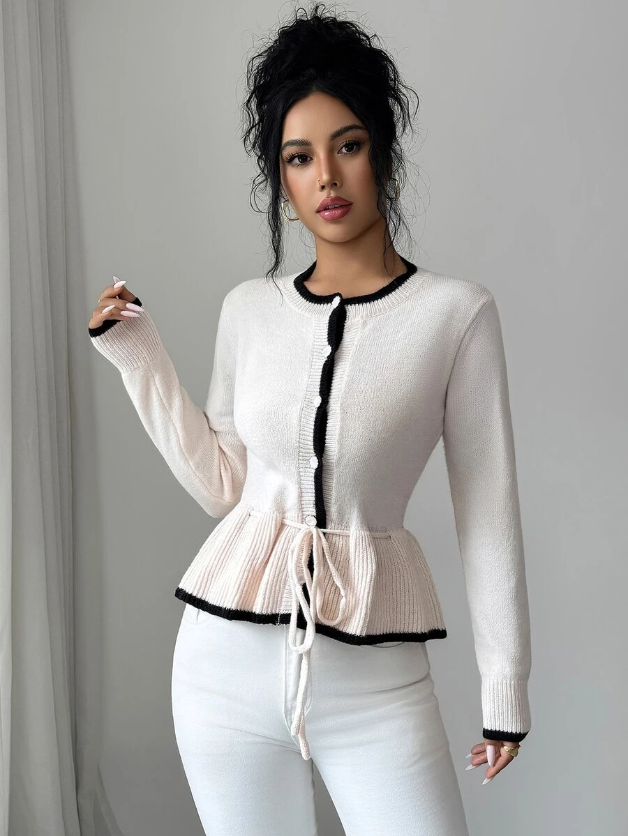Elenzga Women's Waist-Cinching Tie-Front Contrast Trim Cardigan - Dusty Pink - View 1