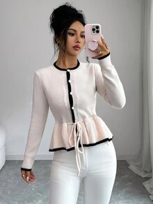 Elenzga Women's Waist-Cinching Tie-Front Contrast Trim Cardigan - Dusty Pink - View 6