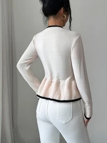 Elenzga Women's Waist-Cinching Tie-Front Contrast Trim Cardigan - Dusty Pink - View 2