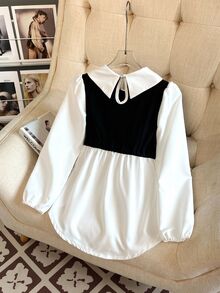 SHEIN Sparklyn Tween Girls Casual Elegant Patchwork Contrast Color Long Sleeve Peter Pan Collar Blouse Teachers' Day School Formal Black White Autumn - Black and White - View 2