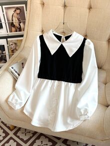 SHEIN Sparklyn Tween Girls Casual Elegant Patchwork Contrast Color Long Sleeve Peter Pan Collar Blouse Teachers' Day School Formal Black White Autumn - Black and White - View 3