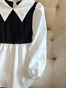 SHEIN Sparklyn Tween Girls Casual Elegant Patchwork Contrast Color Long Sleeve Peter Pan Collar Blouse Teachers' Day School Formal Black White Autumn - Black and White - View 4