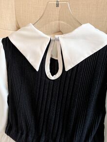 SHEIN Sparklyn Tween Girls Casual Elegant Patchwork Contrast Color Long Sleeve Peter Pan Collar Blouse Teachers' Day School Formal Black White Autumn - Black and White - View 7
