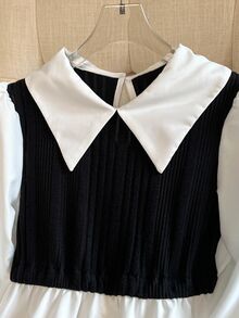 SHEIN Sparklyn Tween Girls Casual Elegant Patchwork Contrast Color Long Sleeve Peter Pan Collar Blouse Teachers' Day School Formal Black White Autumn - Black and White - View 6