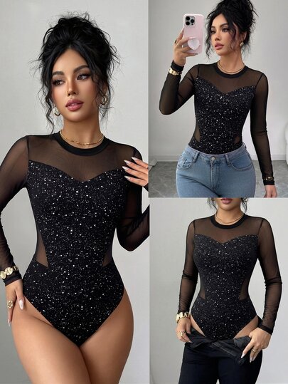 Elenzga Women's Summer Date Night Club Black Silver Foil Mesh Patchwork Round Neck Long Sleeve Slim Fit Sexy Hot Girl Versatile Bodysuit Halloween