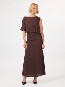 KÆRIA Hus Draped One-Shoulder Maxi Dress - Textured Rayon - Dark Brown - Brunch, Wedding, Dinner, Date Night, Elegant, Feminine, Summer, Elegant Dress - Coffee - View 3