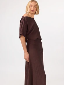 KÆRIA Hus Draped One-Shoulder Maxi Dress - Textured Rayon - Dark Brown - Brunch, Wedding, Dinner, Date Night, Elegant, Feminine, Summer, Elegant Dress - Coffee - View 7
