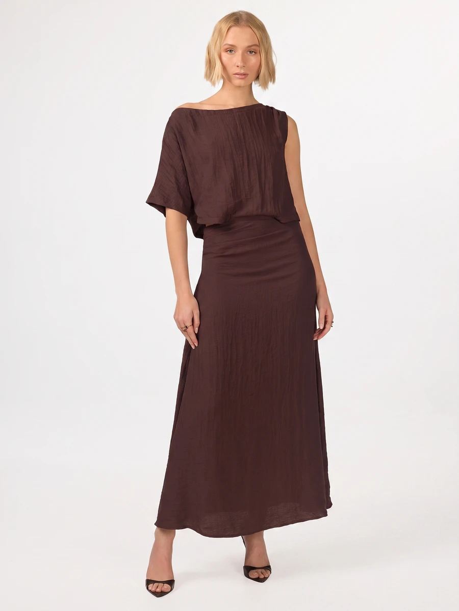 KÆRIA Hus Draped One-Shoulder Maxi Dress - Textured Rayon - Dark Brown - Brunch, Wedding, Dinner, Date Night, Elegant, Feminine, Summer, Elegant Dress - Coffee - View 1