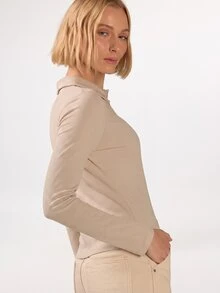 KÆRIA Hus Preppy Minimalist Modest Casual Polo - Compact Stretch Rib - Light Beige - Smart Casual, Office, Minimal, Timeless, Contemporary Autumn, Beige, Cream - Grey - View 5
