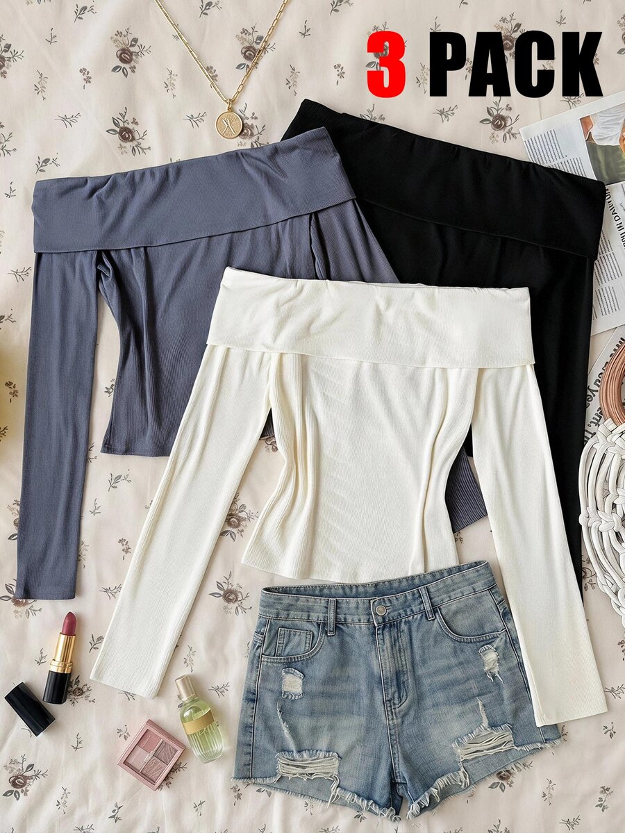 SHEIN Teen Girls T-Shirts Autumn New Casual Minimalist Solid Color Ribbed Off-Shoulder Slim Fit Long Sleeve T-Shirt Pcs - Multicolor - View 1