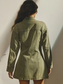 Aralina Women Washed Button Front Shirt Dress Long Sleeve Collared Drop Shoulder Slim Fit Elegant Style Casual Festival Summer Fall Winter World Cup Going Out - Olive Green - View 2