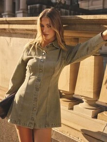 Aralina Women Washed Button Front Shirt Dress Long Sleeve Collared Drop Shoulder Slim Fit Elegant Style Casual Festival Summer Fall Winter World Cup Going Out - Olive Green - View 8