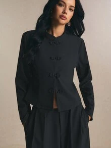 Poéselle 女款黑色立領西裝外套，復古中式盤扣修身西裝，時尚修身正式通勤外套 - 黑色 - 查看 7