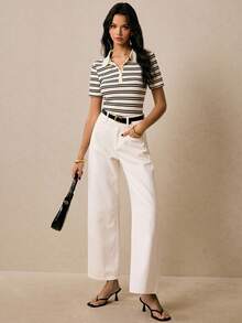 Poéselle 女款米色 Polo 領短袖休閒學院風經典 T 恤，時尚老錢風，適合返校季、教師、小學、早午餐、夏季 - 黑與白 - 查看 6