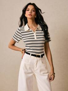 Poéselle 女款米色 Polo 領短袖休閒學院風經典 T 恤，時尚老錢風，適合返校季、教師、小學、早午餐、夏季 - 黑與白 - 查看 8