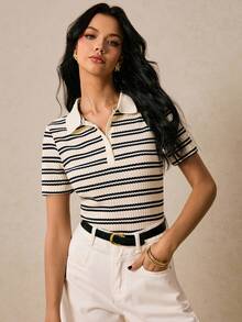 Poéselle 女款米色 Polo 領短袖休閒學院風經典 T 恤，時尚老錢風，適合返校季、教師、小學、早午餐、夏季 - 黑與白 - 查看 5