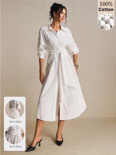 Poéselle Women's 100% Cotton White Shirt Collar Long Dress With A Tie Belt, White Dress,Casual Dresses , Elegant Dresses,Work Dresses, Fall/Winter